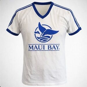 Vintage Maui Bay Capped Sleeve T-Shirt Blue White V-Neck 80s Whale Hawaii USA L